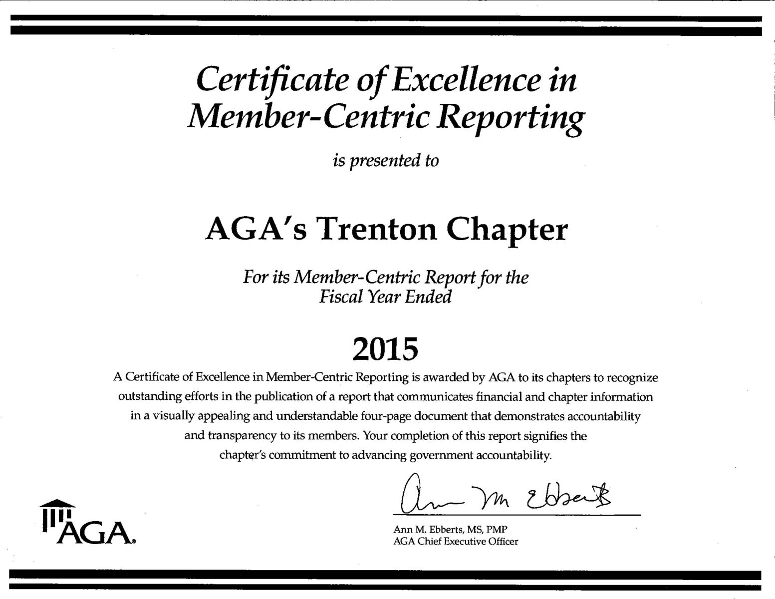 AGA Trenton Chapter Certificate of Excellence in Member-Centric Reporting 2015