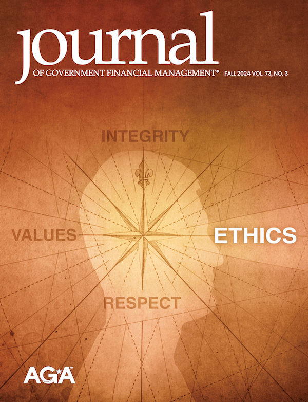 Cover of the Fall 2024 Journal, Ethics. Features a silhouette of a head with a compass overlaid, the cardinal points labeled Integrity, Values, and Respect. The fourth point labeled ETHICS in bold white.