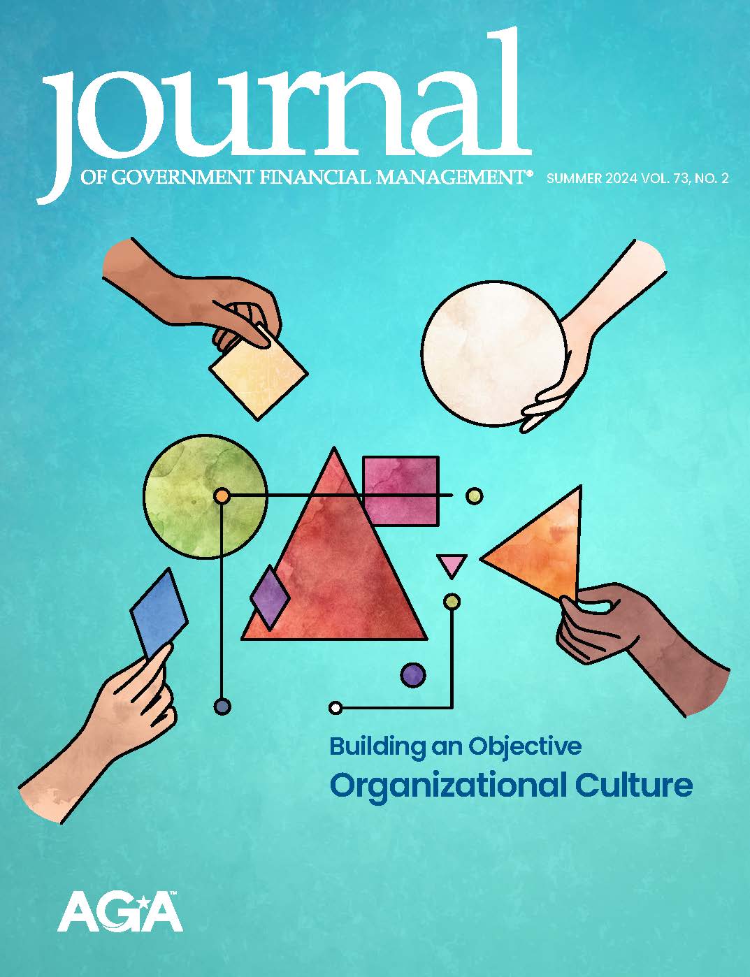 Cover of the Summer 2024 issue of the Journal of Government Financial Management featuring many shapes in different colors, published by AGA
