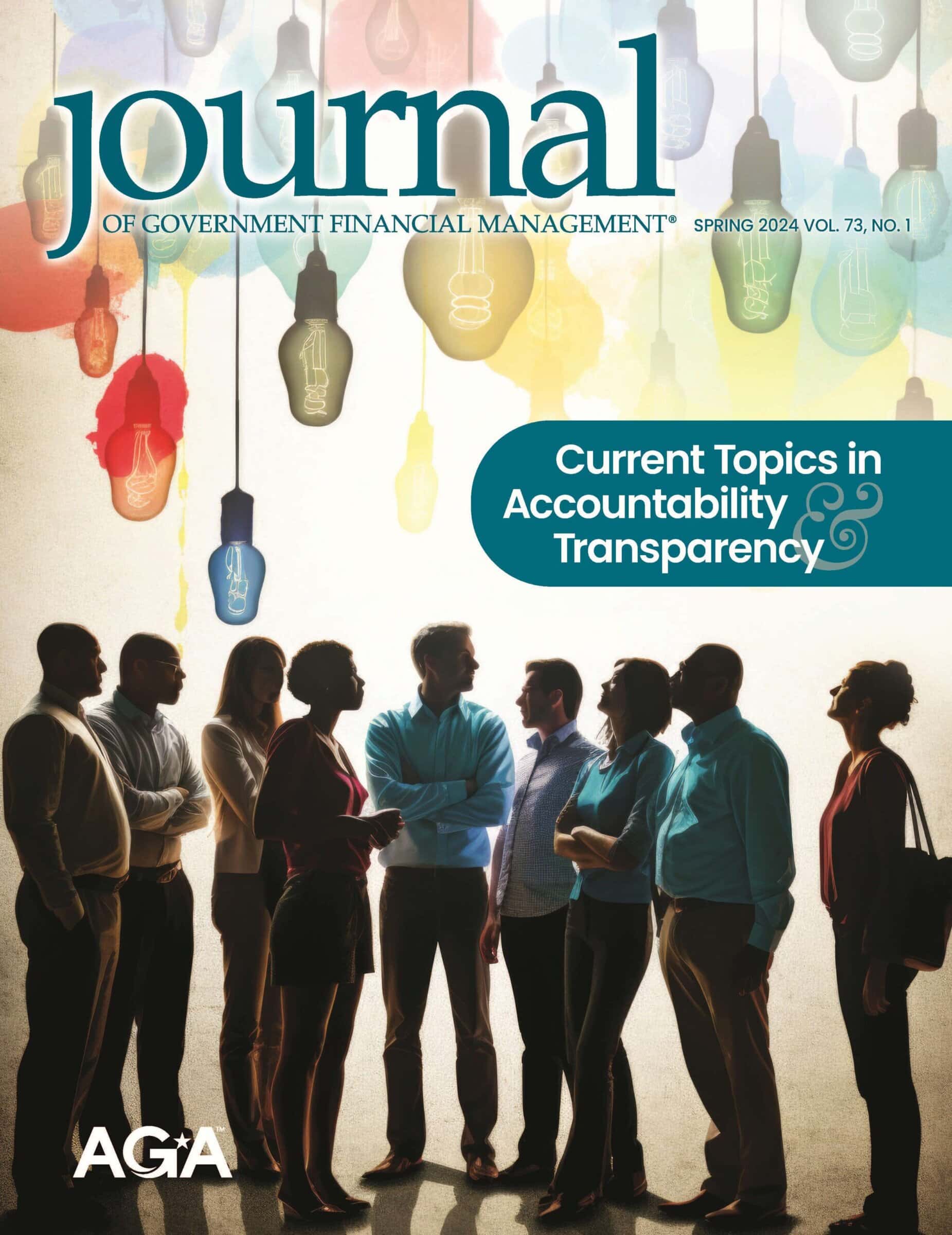 Cover of the Summer 2024 issue of the Journal of Government Financial Management featuring a group of professionals and many different colored hanging lights