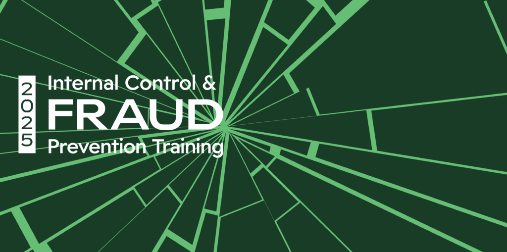 The logo for internal control and fraud prevention training. A green background showith a shattered glass effect