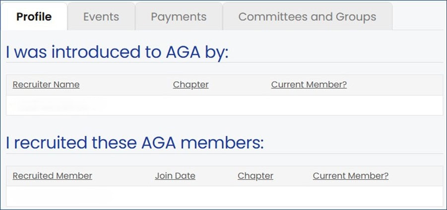 a screenshot of the recruiting section of the My AGA user profile page